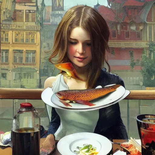 Image similar to journalist in oslo eating a trout, art by artgerm, greg rutkowski and alphonse mucha