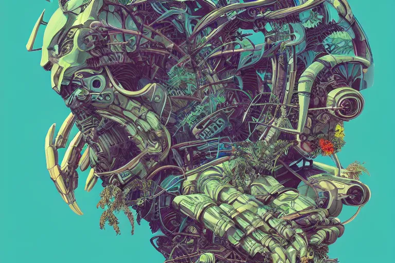 Image similar to gigantic mecha head, a lot of exotic vegetation, trees, flowers by moebius, dull colors, junji ito, tristan eaton, victo ngai, artgerm, rhads, ross draws, hyperrealism, intricate detailed, risograph