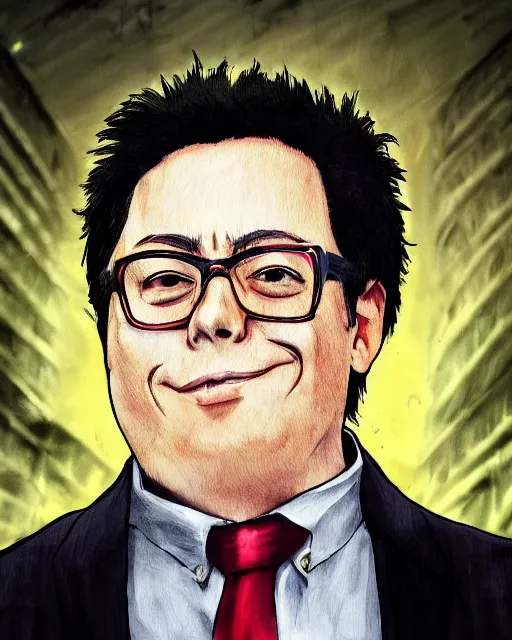 Image similar to Digital presidential anime art of Gustavo Petro by A-1 studios, serious expression, empty warehouse background, highly detailed, spotlight
