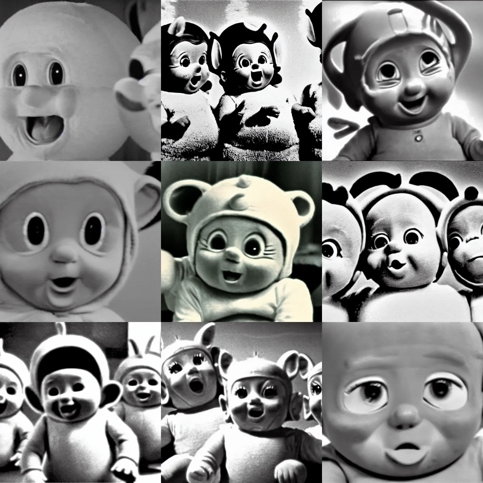 Prompt: happy baby sun teletubbies in a black and white movie still from the godfather