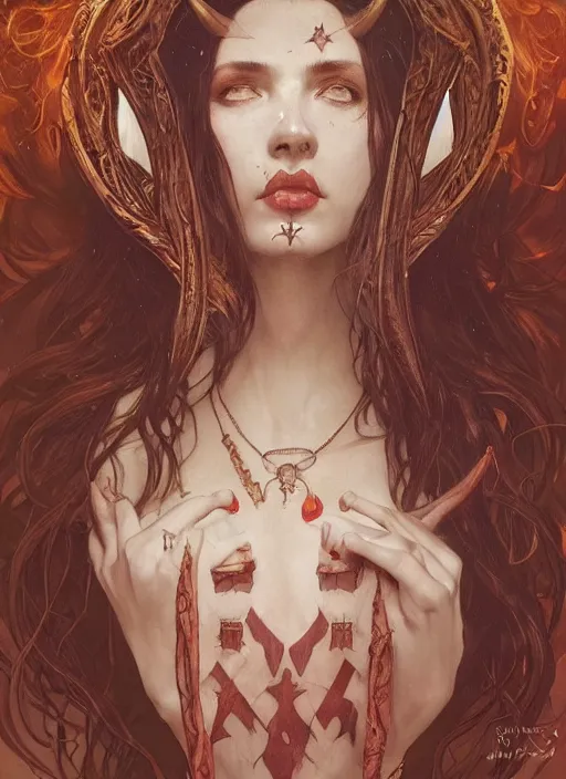 Image similar to a beautiful illustration of a satanic witch with horns in head, intricate, sharp focus, illustration, highly detailed, digital painting, concept art, matte, art by wlop and artgerm and greg rutkowski and alphonse mucha, masterpiece