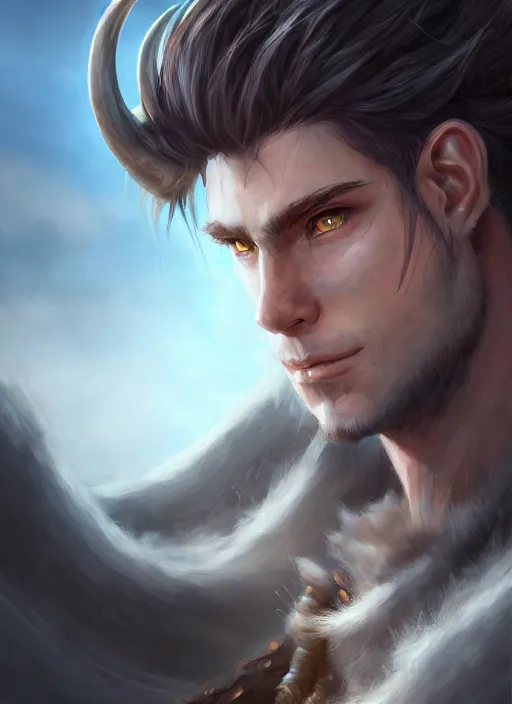 Image similar to portrait of a handsome young clean - shaven warrior with horns and long hair, epic landscape, realistic anime, highly detailed, unreal engine 5, 8 k, digital fantasy illustration, art by rossdraws, sharp focus, octane render, trending on artstation,