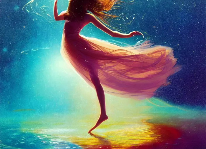 Image similar to a dancer floating underwater, with flowing hair, wearing a flowing sundress, swimming through a colorful starry galaxy, fantasy, cinematic, fine details by realistic shaded lighting poster by ilya kuvshinov katsuhiro otomo, magali villeneuve, artgerm, jeremy lipkin and michael garmash and rob rey