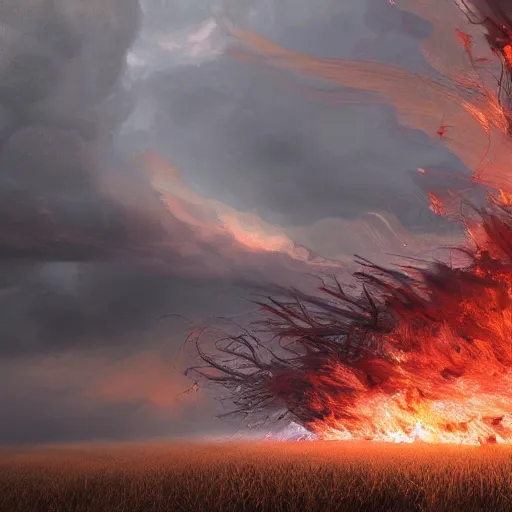 Image similar to a tornado made of fire on a field, au naturel, hyper detailed, digital art, trending in artstation, cinematic lighting, studio quality, smooth render, unreal engine 5 rendered, octane rendered, art style by klimt and nixeu and ian sprigger and wlop and krenz cushart