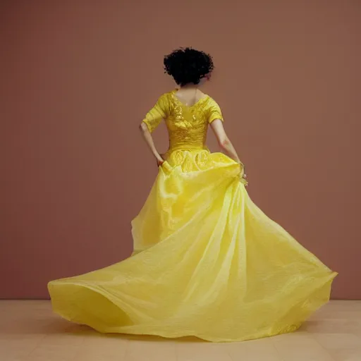 Image similar to a woman in a yellow organza dress dancing, ultra realistic, intricate, elegant, highly detailed, studio photo, smooth, sharp, focus,