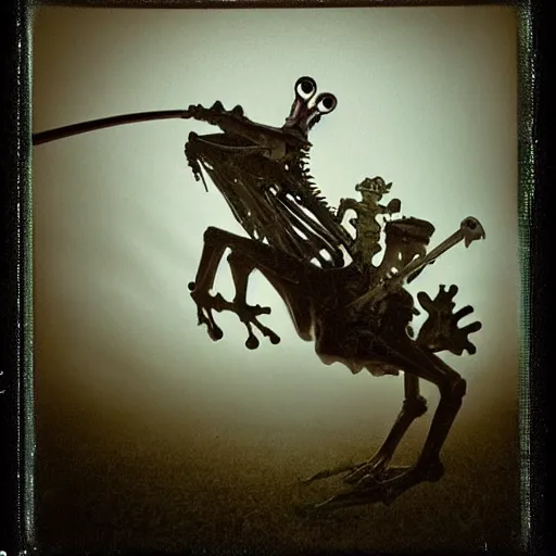 Image similar to frog horseman riding a glowing baroque unicorn skeleton in a thick fog, polaroid photography in style of andrey tarkovski, eerie, mystical, sublime