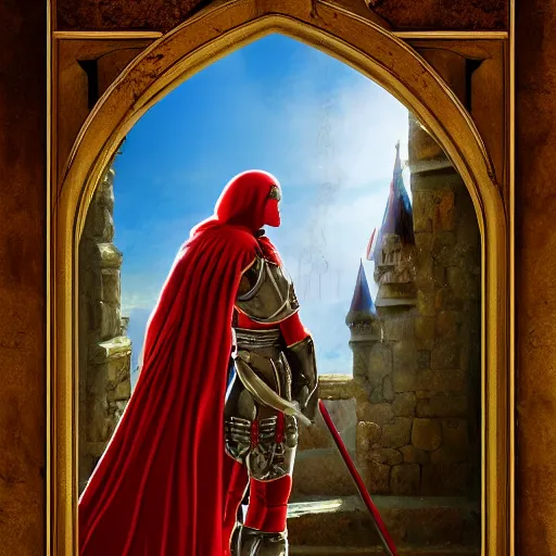 Image similar to knight, fantasy art, located in a castle, red armor, morning sunlight through the window, decorated, high quality, highly detailed,