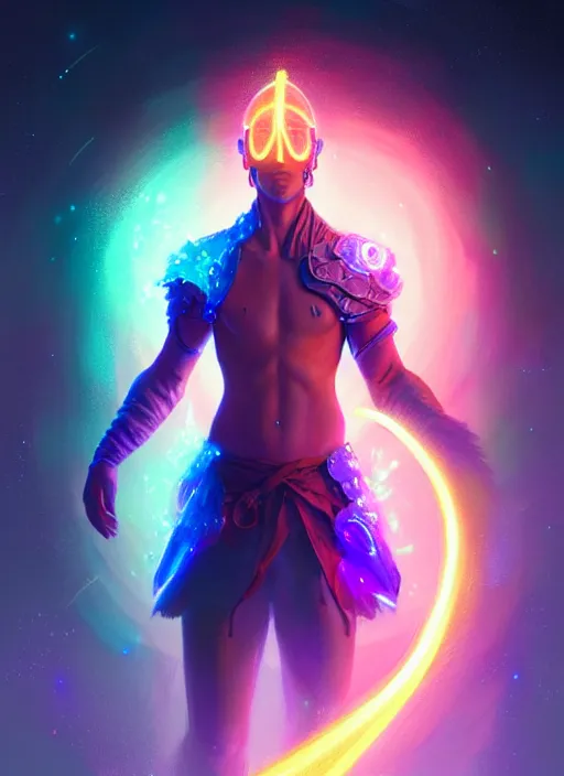 Image similar to a male faceless glowing liquefied stardust adventurer, dnd fantasy character, full body portrait, glowing neon skin, magical aura, ultra realistic, intricate, elegant, highly detailed, digital painting, artstation, smooth, sharp, focus, illustration, art by artgerm and greg rutkowski and alphonse mucha