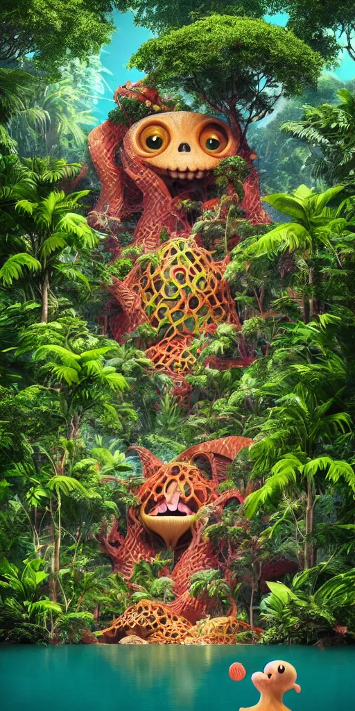 Image similar to of a tropical rainforest lake with strange cute friendly happy creatures with huge eyes, mouth, long tongue, round teeth and goofy face, appearing from the treesl, in the style of gehry and gaudi, macro lens, shallow depth of field, ultra detailed, digital painting, trending artstation, concept art, illustration, cinematic lighting, photorealism, epic, octane render