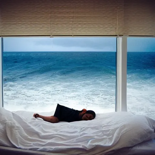 Prompt: “man asleep in bed having nightmare while bedroom fills with ocean waves”
