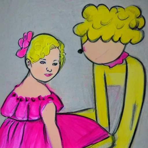 Image similar to girl with yellow hair and pink dress, kids drawing