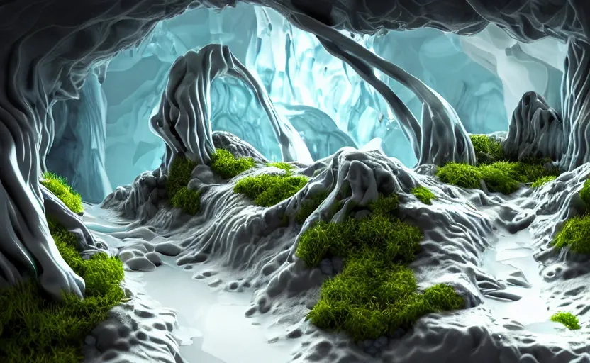 Image similar to liquid nitrogen and red water-cooling coolant flowing through latent representations of ice caverns by centrifugal forces, vegetation!, computer circuitry sticking out the walls!!!!!, high detail, high contrast!, low-poly elements!!!, trending on artstation, octane render, subsurface scattering, 4k