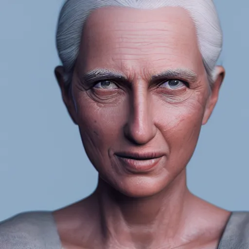 Image similar to 3 d render by annie leibovitz hyper detailed, realistic female face and shoulders, white skin made from painted porcelain, white hair, fine facial features, white eyes and eyelashes, 8 k, 1 5 0 ml lens, elegant, white background pastel blue lighting, octane render, volumetric lighting