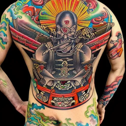 Prompt: A samurai action shot designed by alex grey, Traditional Japanese Tattoo Style, tattoo, tattoo art, colorful, vibrant,