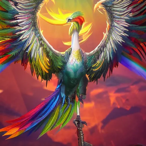 Prompt: legendary phoenix bird with rainbow feathers alighting over a mirror, oil painting, strong colors, hyper detailed, cinematic lighting, studio quality, smooth render, unreal engine 5 rendered, octane rendered