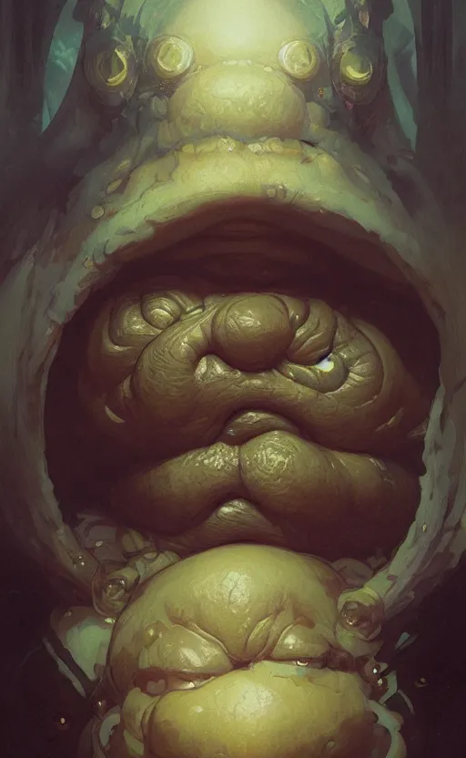 Image similar to a portrait of a hideous monstrosity of a fat blob, concept art, deep focus, intricate, highly detailed, digital painting, artstation, matte, sharp focus, illustration, art by greg rutkowski and alphonse mucha