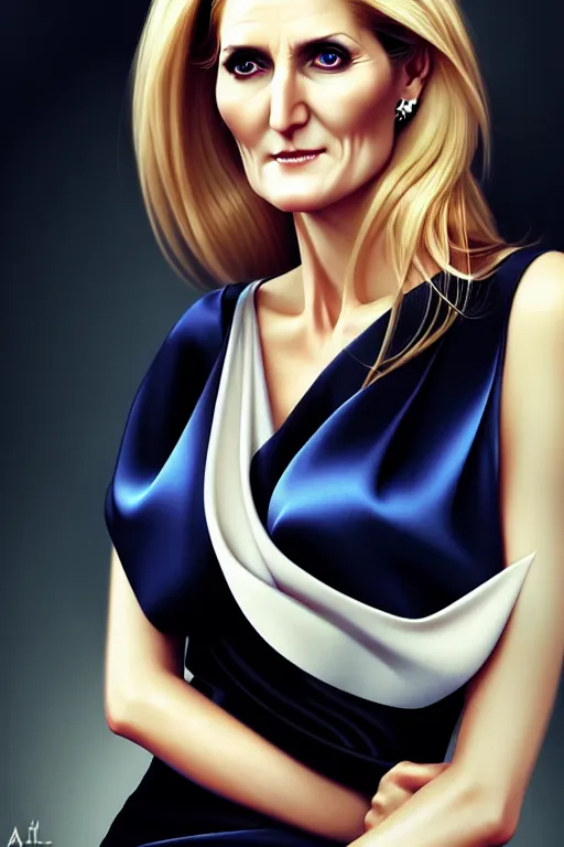 Prompt: Beautiful alluring Helle Thorning Schmidt portrait in satin dress by Artgerm and WLOP, Pixiv