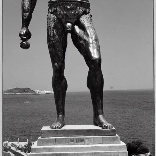 Image similar to a full frontal photograph of the colossus of Rhodes