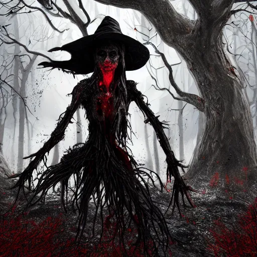 Image similar to A realistic detailed photo of a creepy witch, extra detailed body, crooked legs, blood, exploded belly, red eyes, destroyed body, dead skin, dead trees, detailed body, teeth filled with cavities, foggy landscape, creepy, light particles, detailed light, realistic shaders, trending on artisation, detailed textures, detailed, realistic.