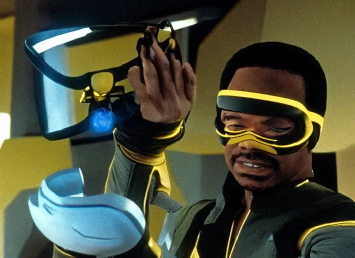 Image similar to geordi la forge wearing a vr headset fighting scorpion from mortal kombat, action shot, star trek the next generation