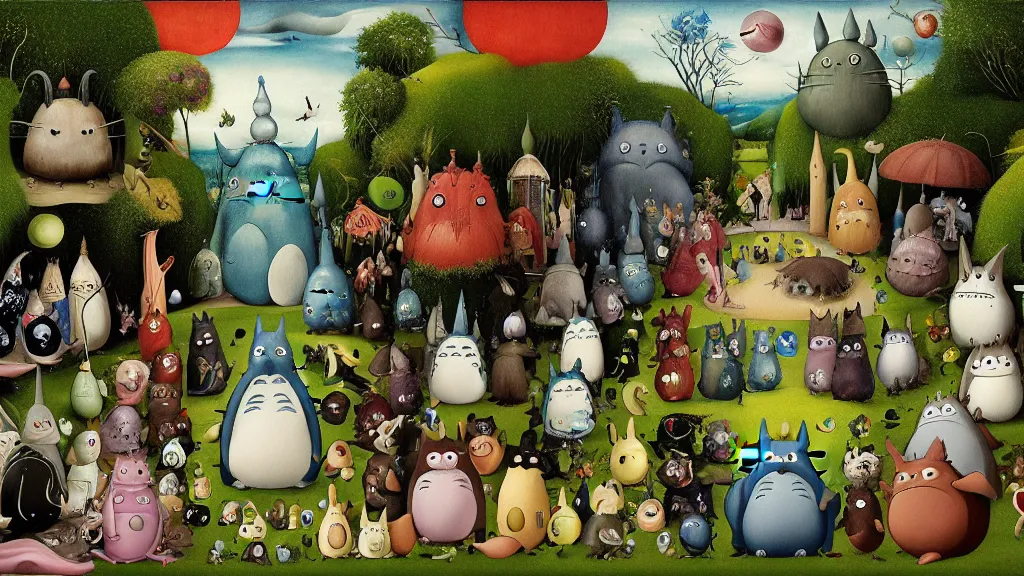 Image similar to garden of earthly delights by studio ghibli. totoro. digital painting. digital render. hieronymus bosch