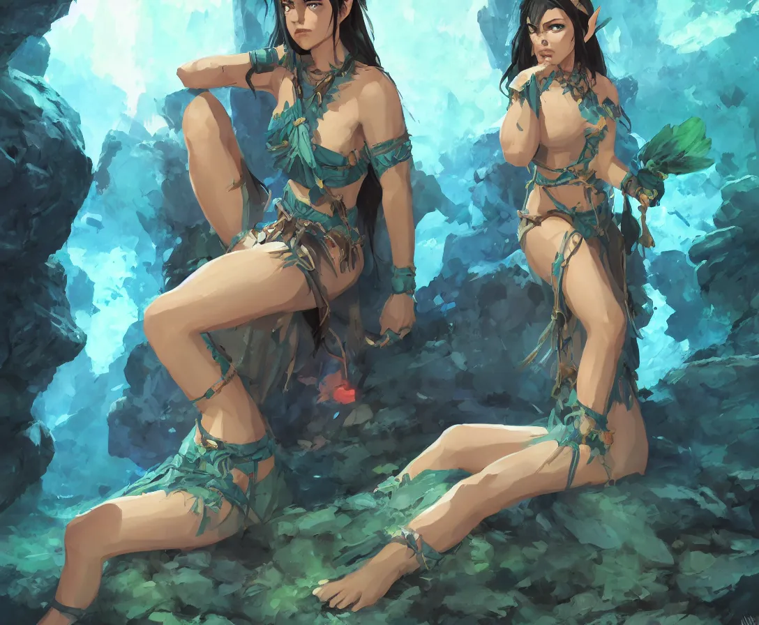 Prompt: half orc half elf woman, beautiful face and small orc tusks, tropical mage dress with high slit, several layers of fabric, sitting in glowing blue water in a cave, by ilya kuvshinov, krenz cushart, Greg Rutkowski, trending on pixiv