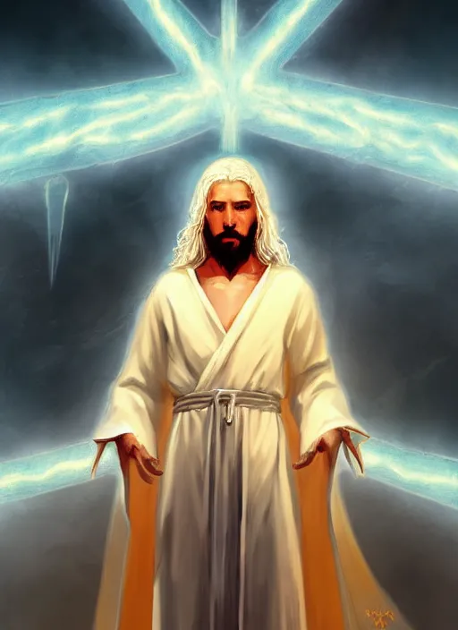 Prompt: « full length portrait of the white - haired jesus in a white robe and flaming yellow eyes, seven stars in right hand, grim - lighting, high - contrast, intricate, elegant, highly detailed, digital painting, artstation, concept art, smooth, sharp focus, illustration »