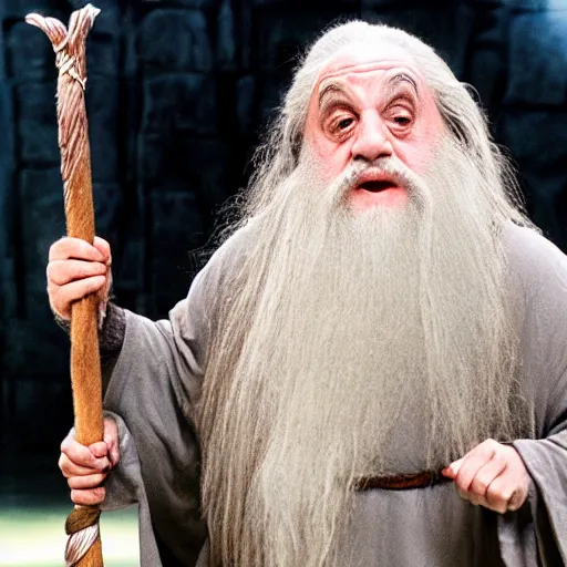 Prompt: Danny Devito as Gandalf the Grey fighting Saruman