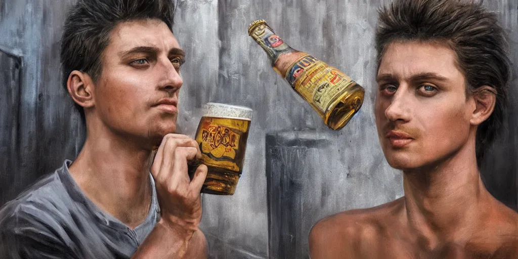 Image similar to beautiful oil matte portrait painting, 8 0 s punk sitting on top of the berlin wall drinking beer, wonderful masterpiece highly detailed, beautiful cinematic light deep focus, elegant, digital painting, smooth, sharp focus, golden ratio, dramatic illumination, ultra realistic, 8 k, art by jimmy law