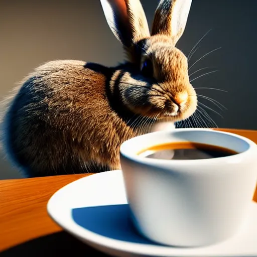 Image similar to hyperrealistic detailed medium shot low angle image, deep depth of field of fluffy brown rabbit sitting behind the table, in front of it cup of coffee with milk. small and structured. 8 k, 3 d render by roger magrini, very cohesive, masterpiece