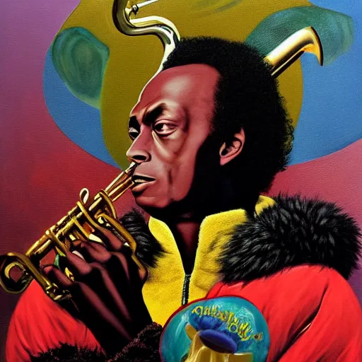 Image similar to beautiful fantasy character portrait, miles davis, bitches brew, wearing puffy bomber jacket with fur, by malti klarwein