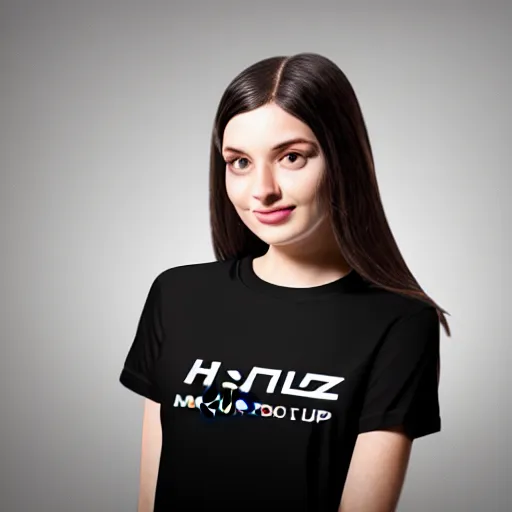 Prompt: clear photorealistic mockup product photograph of a blank black tshirt on an attractive female model in front of an indoor room background - h 7 0 4