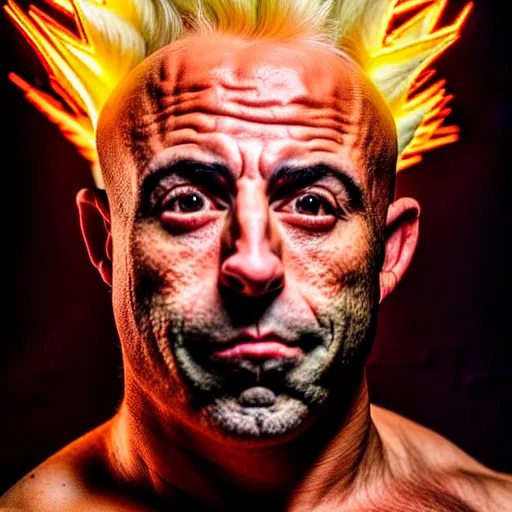 Image similar to uhd candid photo of cosmic joe rogan as a super sayian powering up, glowing, global illumination, studio lighting, radiant light, hyperdetailed, correct face, elaborate intricate costume. photo by annie leibowitz