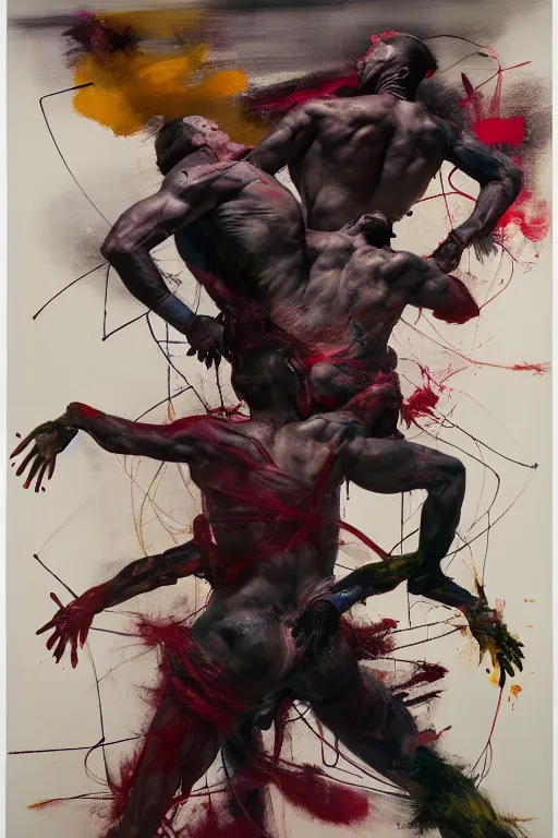 Prompt: two muscular men entwined, floating inside a brutalist space ship, gothic, rich deep colours, painted by francis bacon, adrian ghenie, james jean and jenny saville, part by gerhard richter, part by takato yamamoto. 8 k 3 d