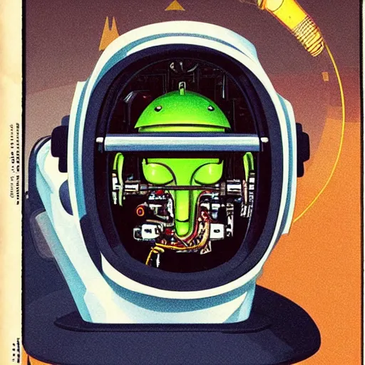 Image similar to “cutaway illustration of an android head, revealing inside is an small anthropomorphic rat sat in a pilots seat, operating levers and joysticks. Pulp sci-fi magazine cover illustration”