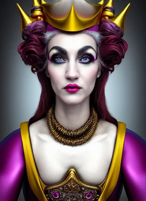 Prompt: a crazy female court jester, professionally retouched, award winning, hyperdetailed, ray tracing, soft lighting, feathered hair, realistic, smooth face, perfect eyes, wide angle, sharp focus on eyes, 8 k high definition, insanely detailed, intricate, elegant