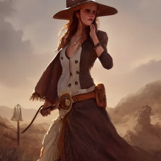 Image similar to sensual emma watson wearing a cowboy hat and a dress, looking seductive, wild west setting, hyperrealistic, artgerm, greg rutkowski, artstation, highly detailed