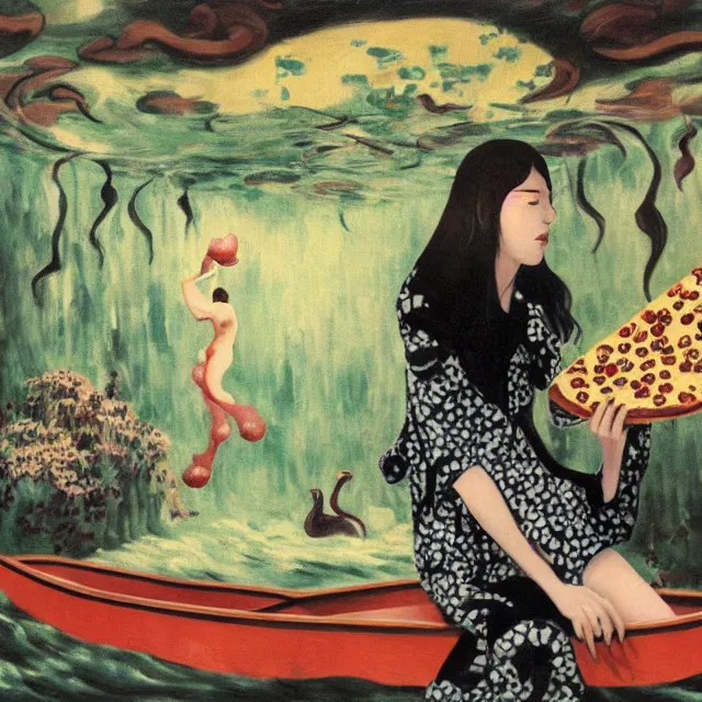 Image similar to tall female catgirl artist holding pizza in her flooded apartment, pomegranates, octopus, water gushing from ceiling, painting of flood waters inside an artist's apartment, a river flooding indoors, mushrooms, ikebana, zen, rapids, waterfall, black swans, canoe, berries, acrylic on canvas, surrealist, by magritte and monet