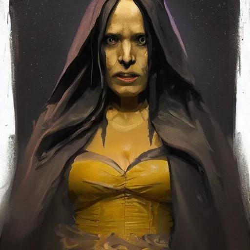 Image similar to portrait of a woman by greg rutkowski, a woman with yellow skin, black lips wearing black robes and a hodd, evil energy, star wars expanded universe, she is about 6 0 years old, highly detailed portrait, digital painting, artstation, concept art, smooth, sharp foccus ilustration, artstation hq