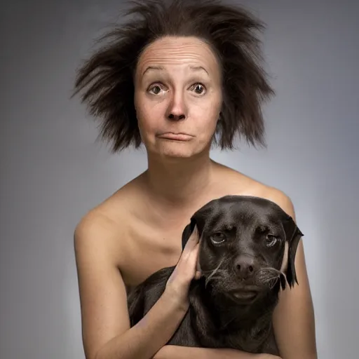 Image similar to realistic studio portrait, dog human hybrid creature, 5 0 % human face, human with dog facial features, in the style of annie leibovitz