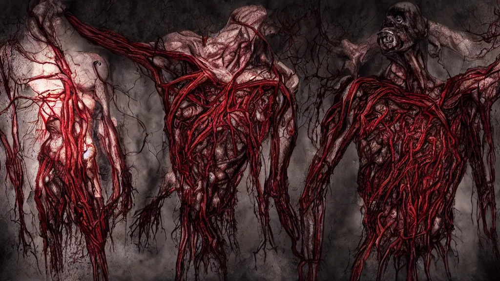 Prompt: monster made of guts and veins. Eldritch, horror, 8K, concept art, filmic, HDR, hyperrealism, volumetric lighting, Dark art