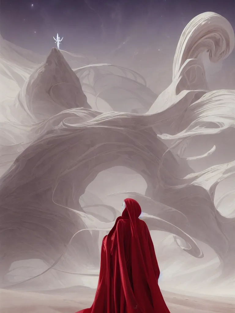 Prompt: one lone singular swirling otherworldly angelic figure shrouded in red robes emerges from extensive barren white dunescape, matte painting by peter mohrbacher and filip hodas, background basilica! sacre coeur, godrays, high contrast, highly detailed