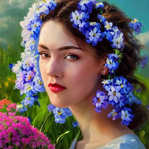 Image similar to a portrait of a romantic woman with flowers grow out of hair, roses peonies forget-me-nots dahlias lupins gladioli, sky theme in background, by Alexandr Averin, Digital Art, Trending on artstation