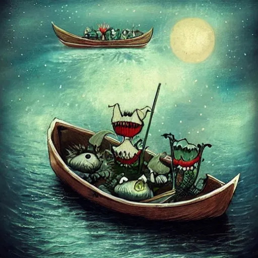 Prompt: a rowing boat of monsters floating in space, alexander jansson, artstation