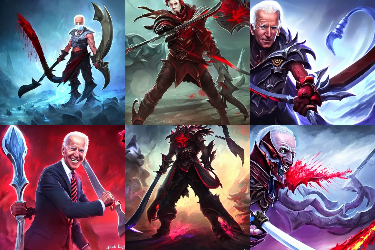 Prompt: Joe Biden wielding a Blood Reaper Scythe, league of legends splashart