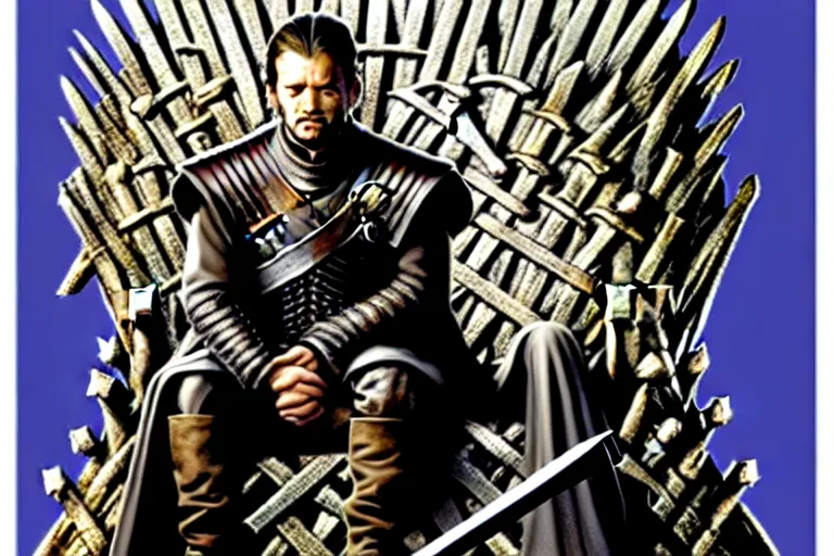 Prompt: man sitting, on a throne made of money, in the style of alex ross, game of thrones