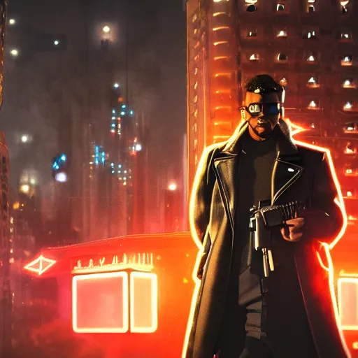 Prompt: a matte painting of a man in a black leather coat holding a gun to the sky in the middle of a cyberpunk city, night, neon lights,