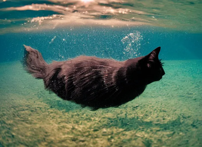 Image similar to a photograph of a black cat swimming deep in the ocean among fish, focus shot, 35mm film, award winning photography, National Geographic, 8k resolution, ultra detail, underwater sun lighting