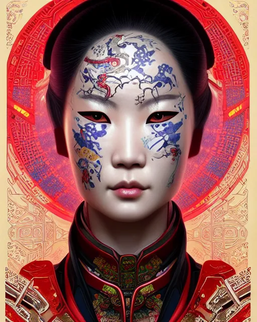 Image similar to portrait of a chinese cyberpunk machine, machine face, upper half portrait, decorated with chinese opera motifs, regal, asian, fine china, wuxia, traditional chinese art intricate intense elegant 京 剧 highly detailed digital painting artstation concept art smooth sharp focus illustration, art by artgerm and greg rutkowski alphonse mucha 8 k