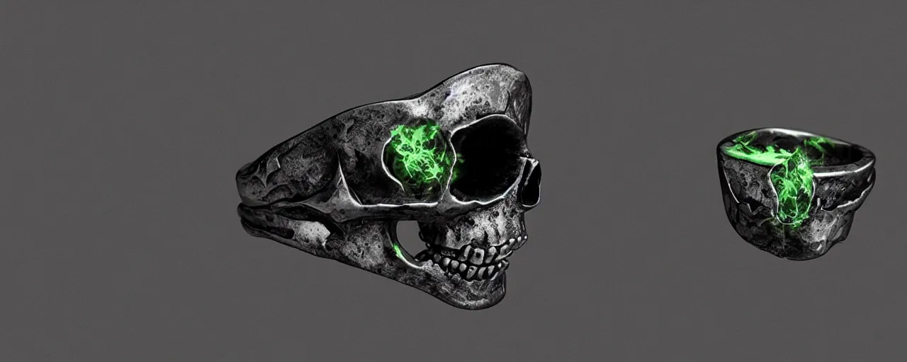 Image similar to simple ring with a skull, ring, skull, black, green mist emanates, magic, poison, smooth shank, crystals, engravings, product design, jewelry, art by gerald brom, greg rutkowski and artgerm and james jean and zdzisław beksinski, 8 k, unreal engine, c 4 d